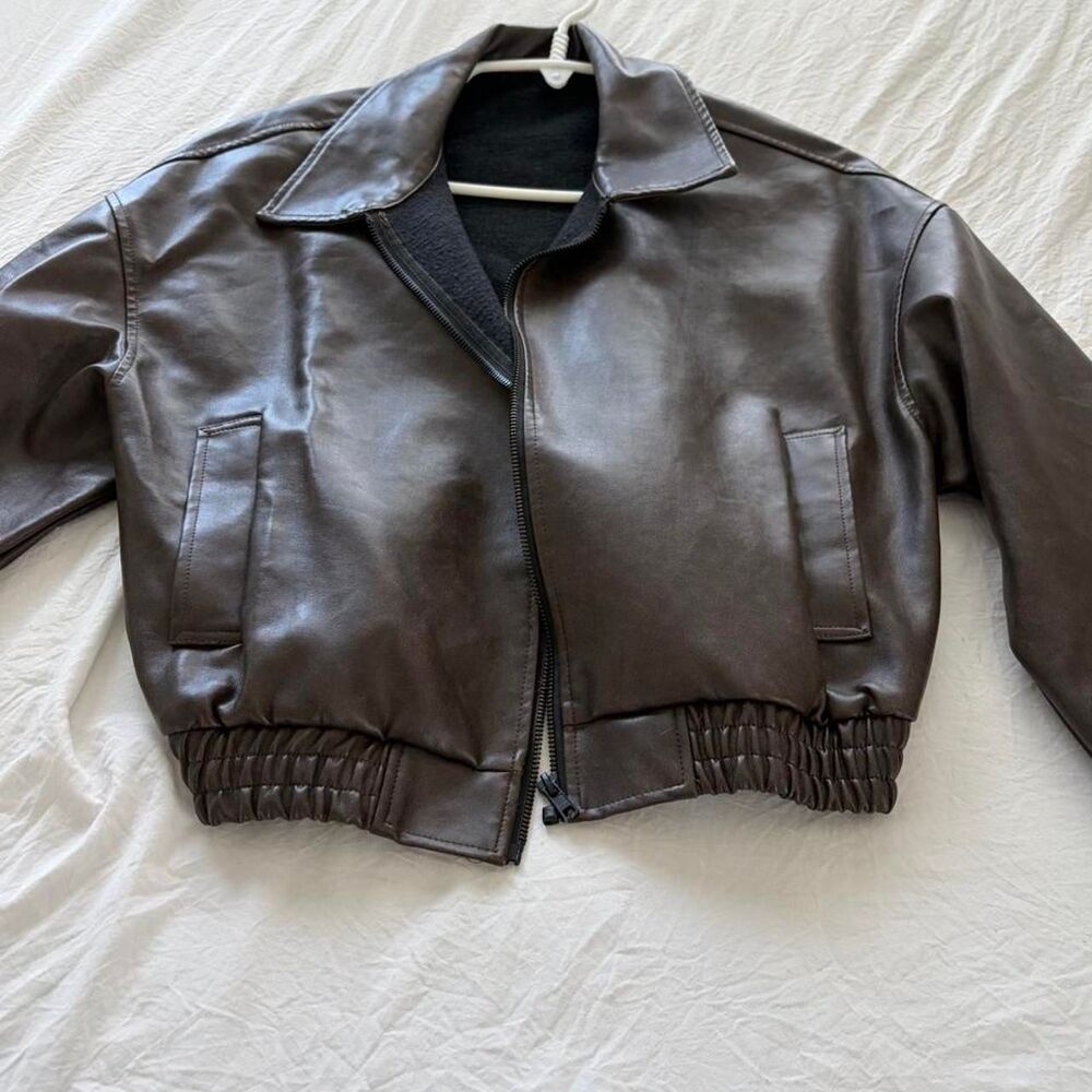 BOUTIQUE Brown Faux Leather Bomber Jacket Zip Coat Womens L